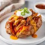 BBQ chicken stuffed sweet potatoes with melted cheddar cheese.