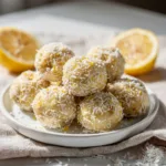 Lemon Coconut Bliss Balls on rustic wooden board close up